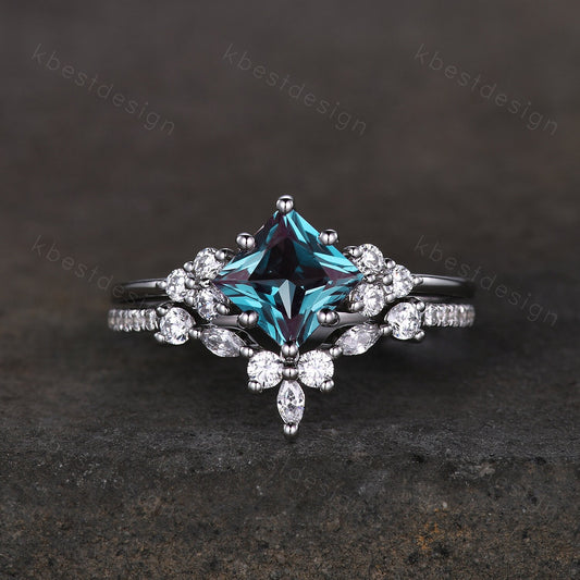 Vintage Alexandrite engagement ring set princess cut ring art deco moissanite cluster ring unique bridal wedding ring set anniversary gift