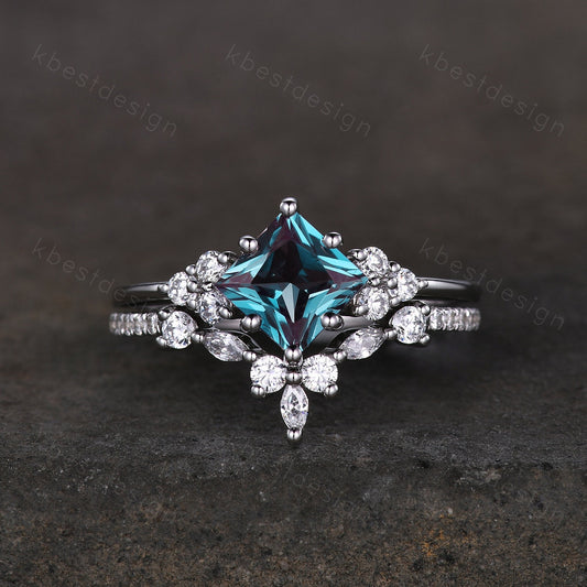 Vintage Alexandrite engagement ring set princess cut ring art deco moissanite cluster ring unique bridal wedding ring set anniversary gift
