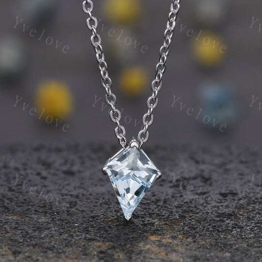 Unique Kite Blue Aquamarine Pendant,Aquamarine Necklace,Art Deco Silver Necklace,March Birthstone,Vintage Women Bridal Anniversary Gift