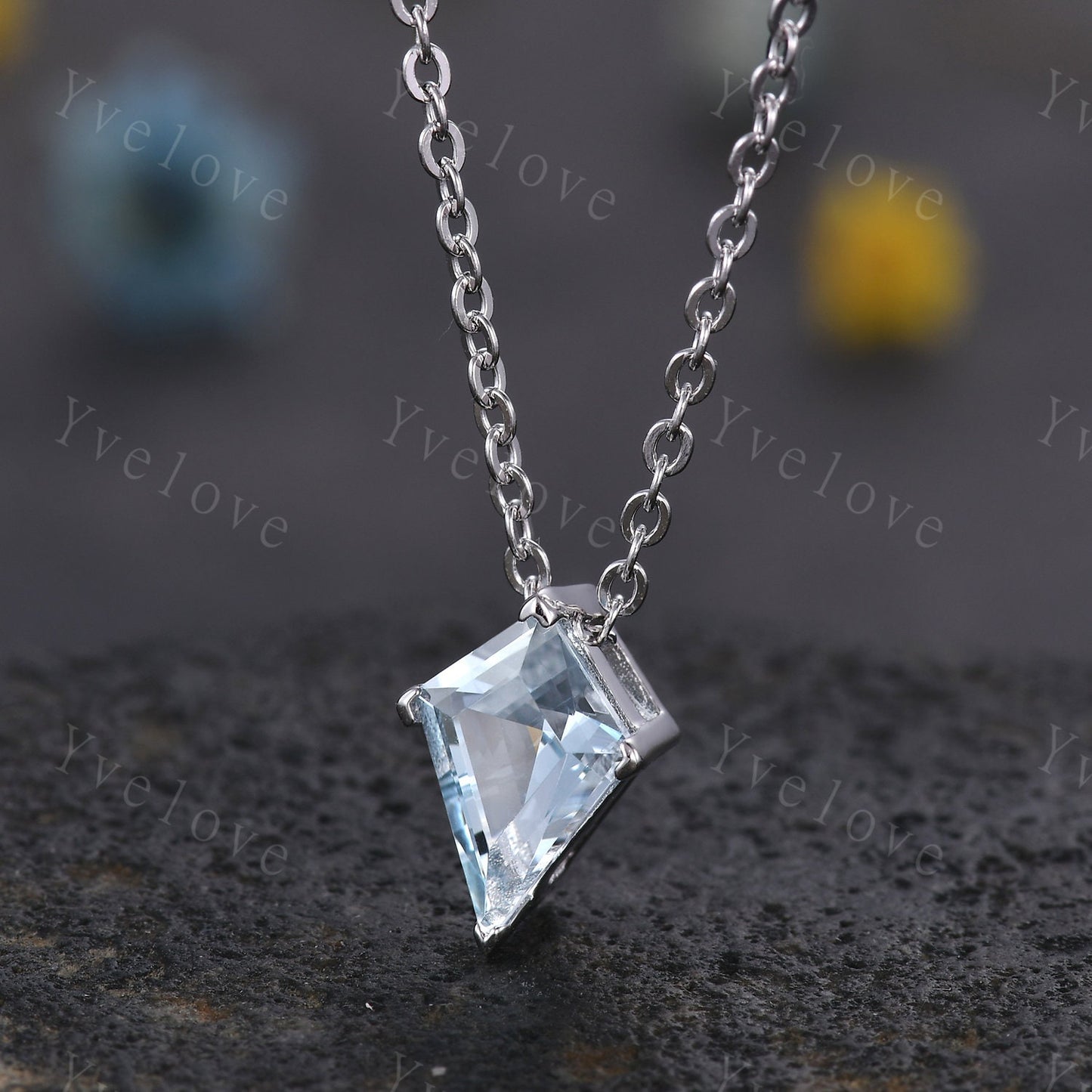 Unique Kite Blue Aquamarine Pendant,Aquamarine Necklace,Art Deco Silver Necklace,March Birthstone,Vintage Women Bridal Anniversary Gift