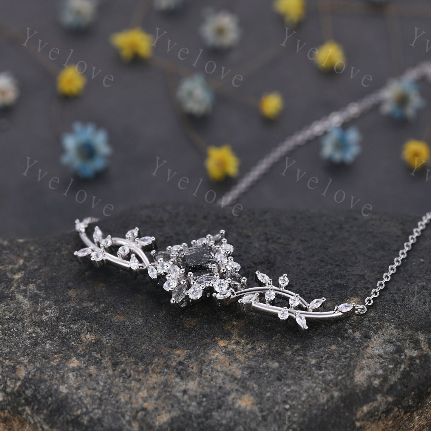 Unique Princess cut Black Rutilated Quartz Pendant,Cluster Black Gem Necklace,Art Deco Moissanite Necklace,Vintage Birthday Gift Women Gift