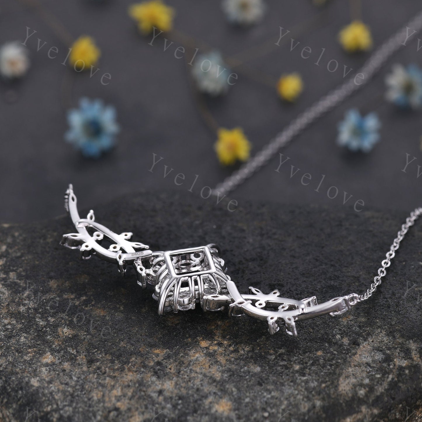 Unique Princess cut Black Rutilated Quartz Pendant,Cluster Black Gem Necklace,Art Deco Moissanite Necklace,Vintage Birthday Gift Women Gift