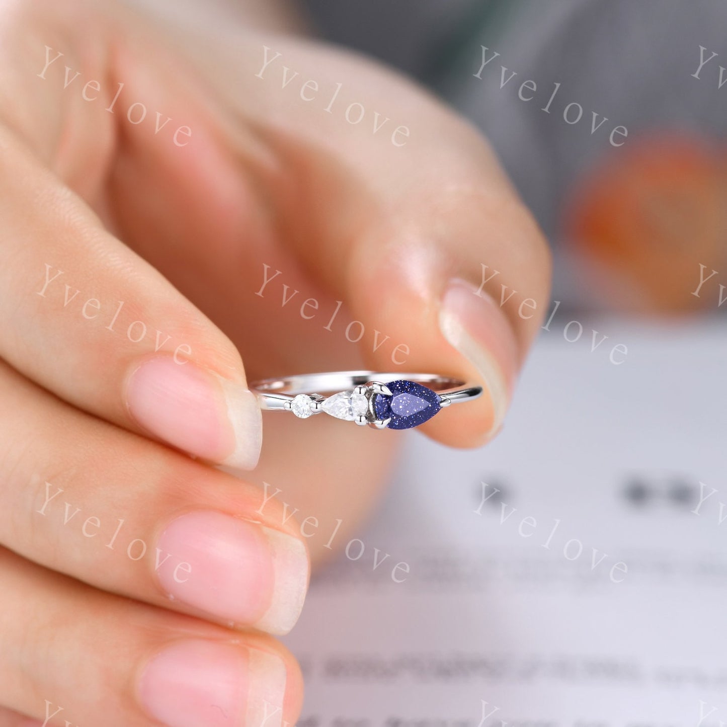 Vintage Sandstone Engagement Ring,Pear Cut Gems,Art Deco Moissanite Wedding Band,3 Stone Unique Women Bridal Promise Ring,Sterling Silver