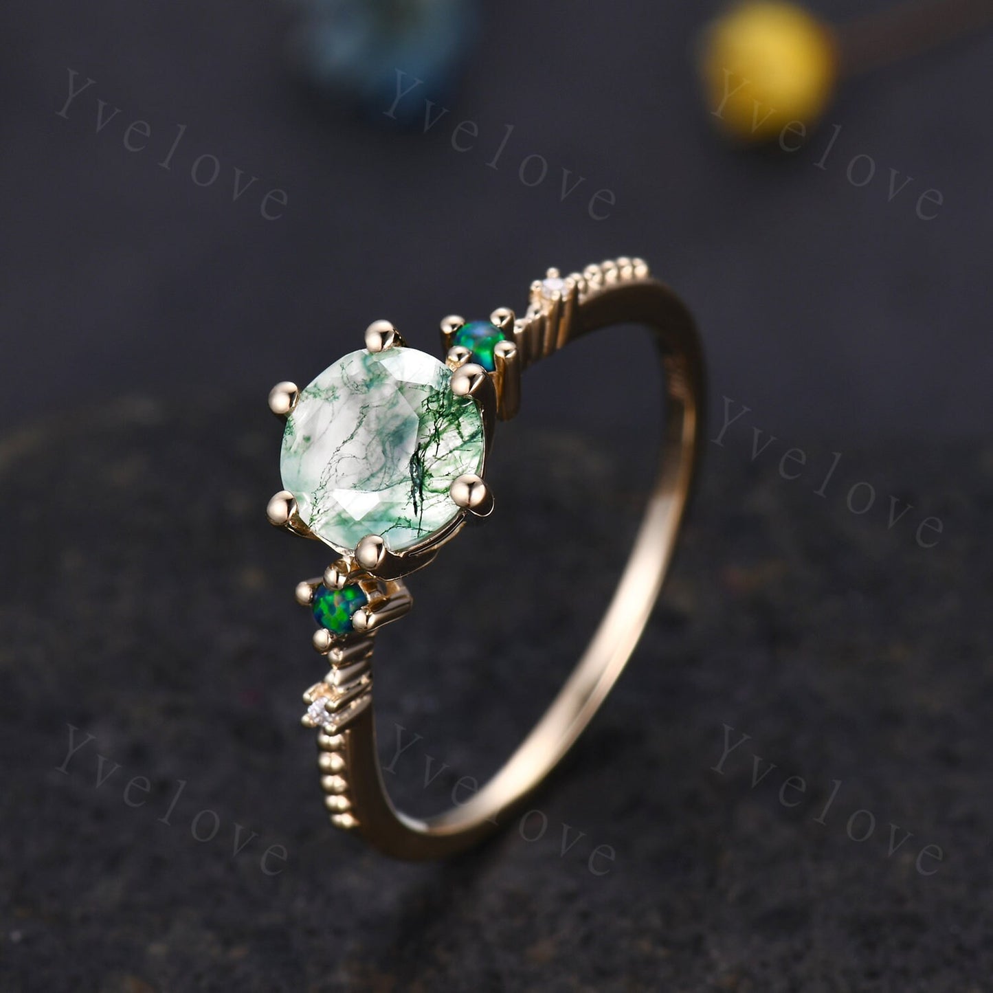 Unique Moss Agate Ring,Green Agate Engagement Ring,Black Opal Ring,Women Moissanite Bridal Matching Stacking Diamond Wedding Band,Gold Ring