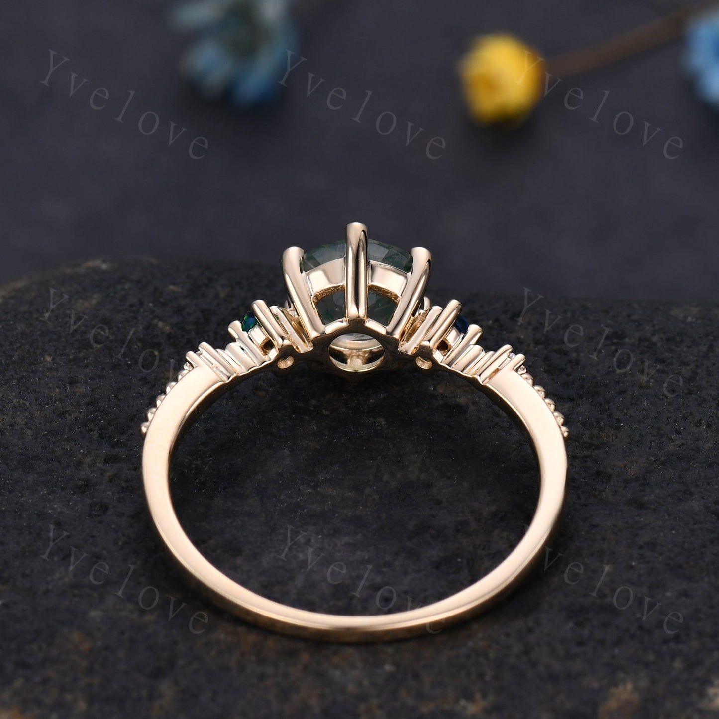Unique Moss Agate Ring,Green Agate Engagement Ring,Black Opal Ring,Women Moissanite Bridal Matching Stacking Diamond Wedding Band,Gold Ring