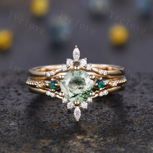 Unique Moss Agate Ring Set,Green Agate Engagement Ring,Black Opal Ring,Moissanite Bridal Matching Stacking Wedding Band,Enhance Gold Ring