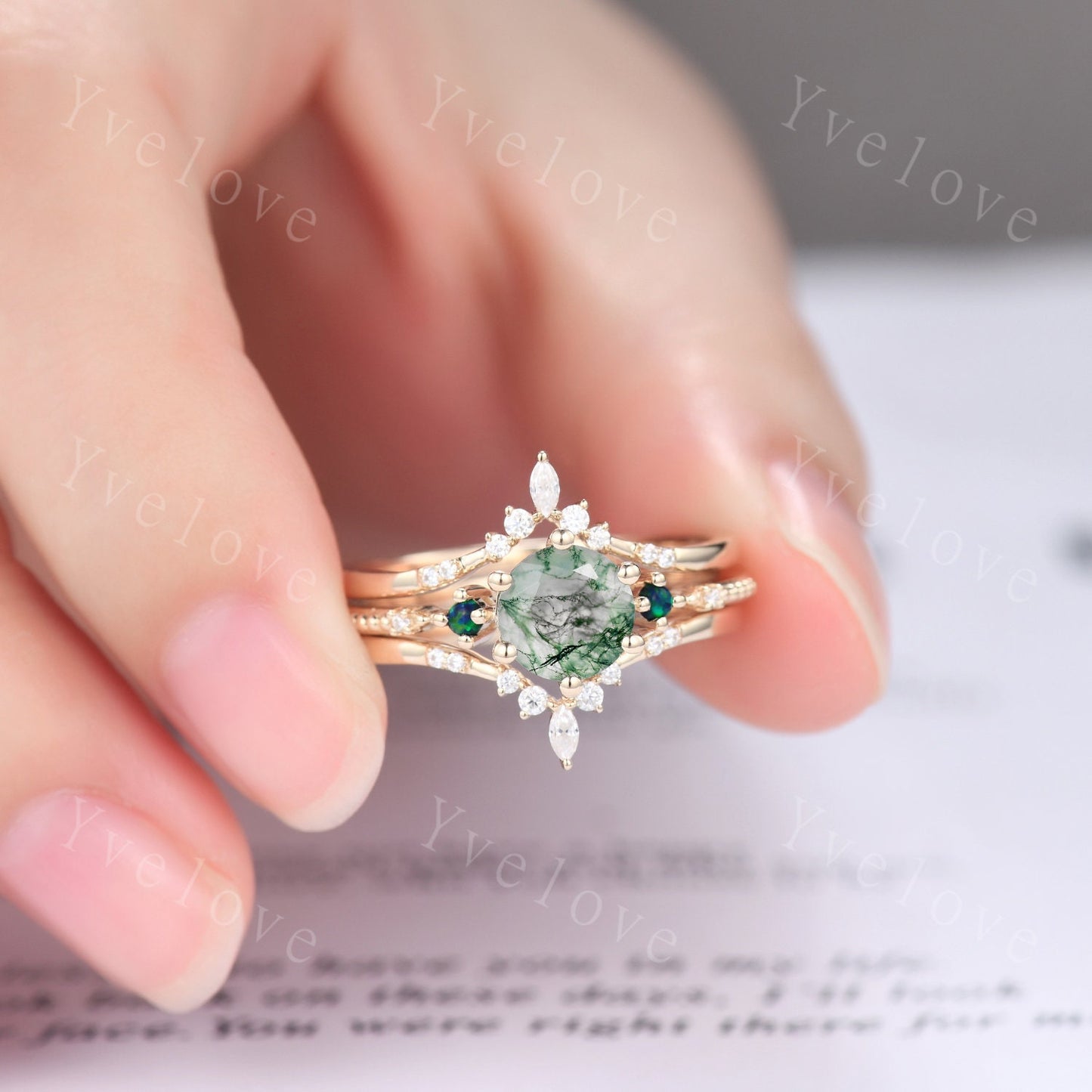 Unique Moss Agate Ring Set,Green Agate Engagement Ring,Black Opal Ring,Moissanite Bridal Matching Stacking Wedding Band,Enhance Gold Ring
