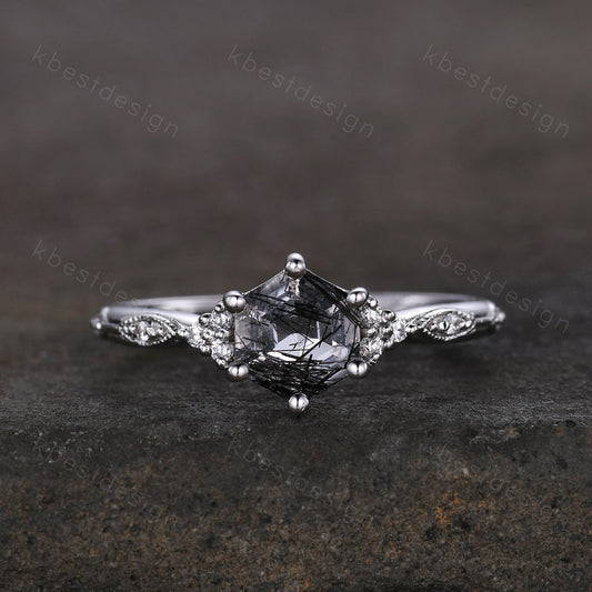 Hexagon cut black rutilated quartz engagement ring sterling silver art deco moissanite ring women black gemstone ring anniversary ring