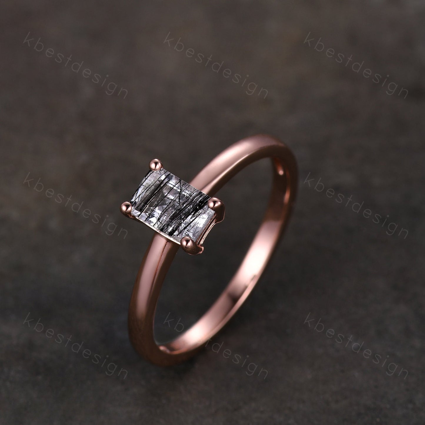 Emerald cut black rutilated quartz ring rose gold solitaire engagement ring minimalist ring delicate black stone ring anniversary ring