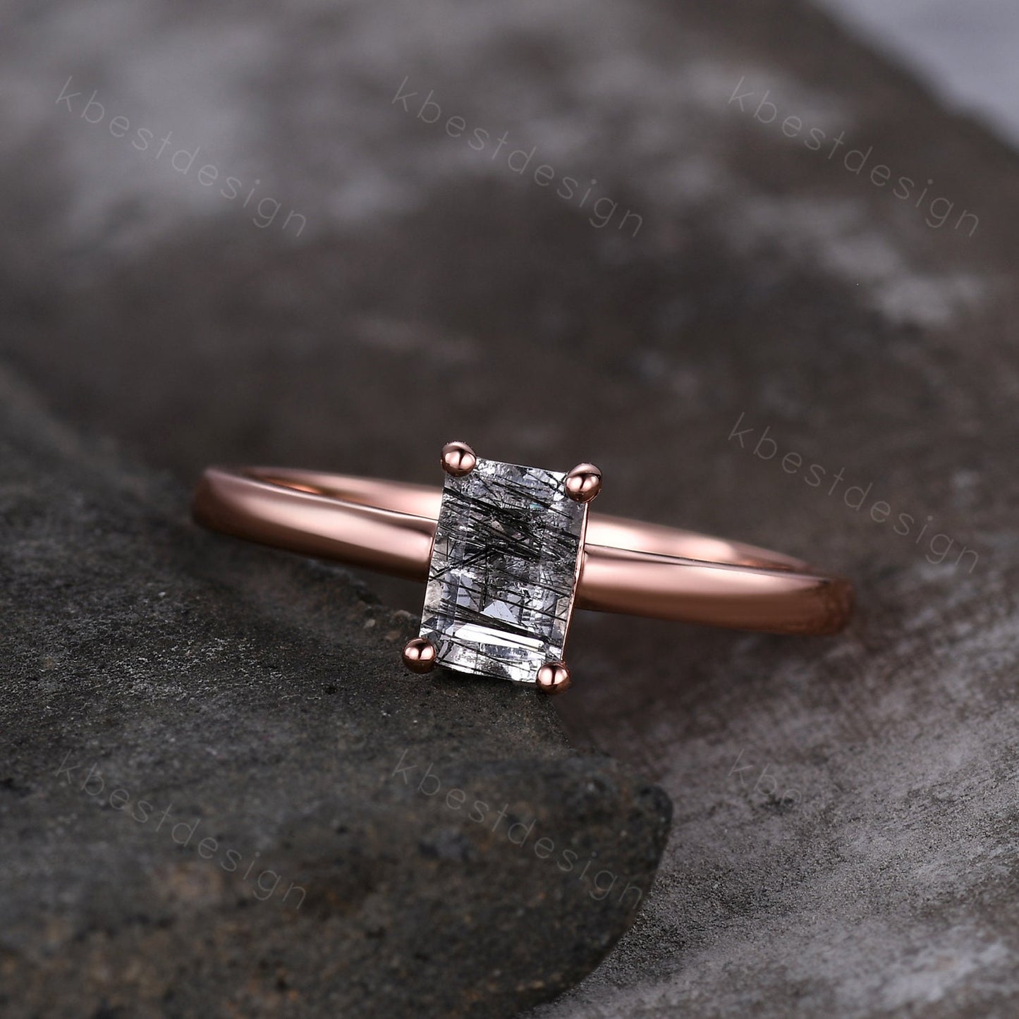 Emerald cut black rutilated quartz ring rose gold solitaire engagement ring minimalist ring delicate black stone ring anniversary ring