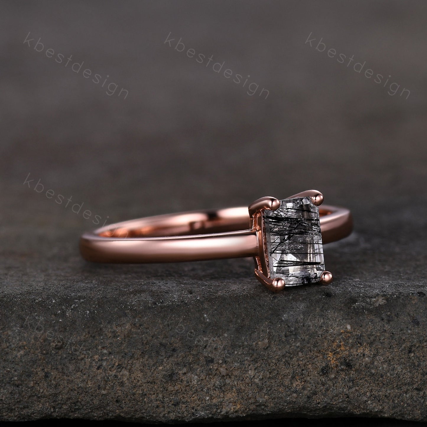 Emerald cut black rutilated quartz ring rose gold solitaire engagement ring minimalist ring delicate black stone ring anniversary ring