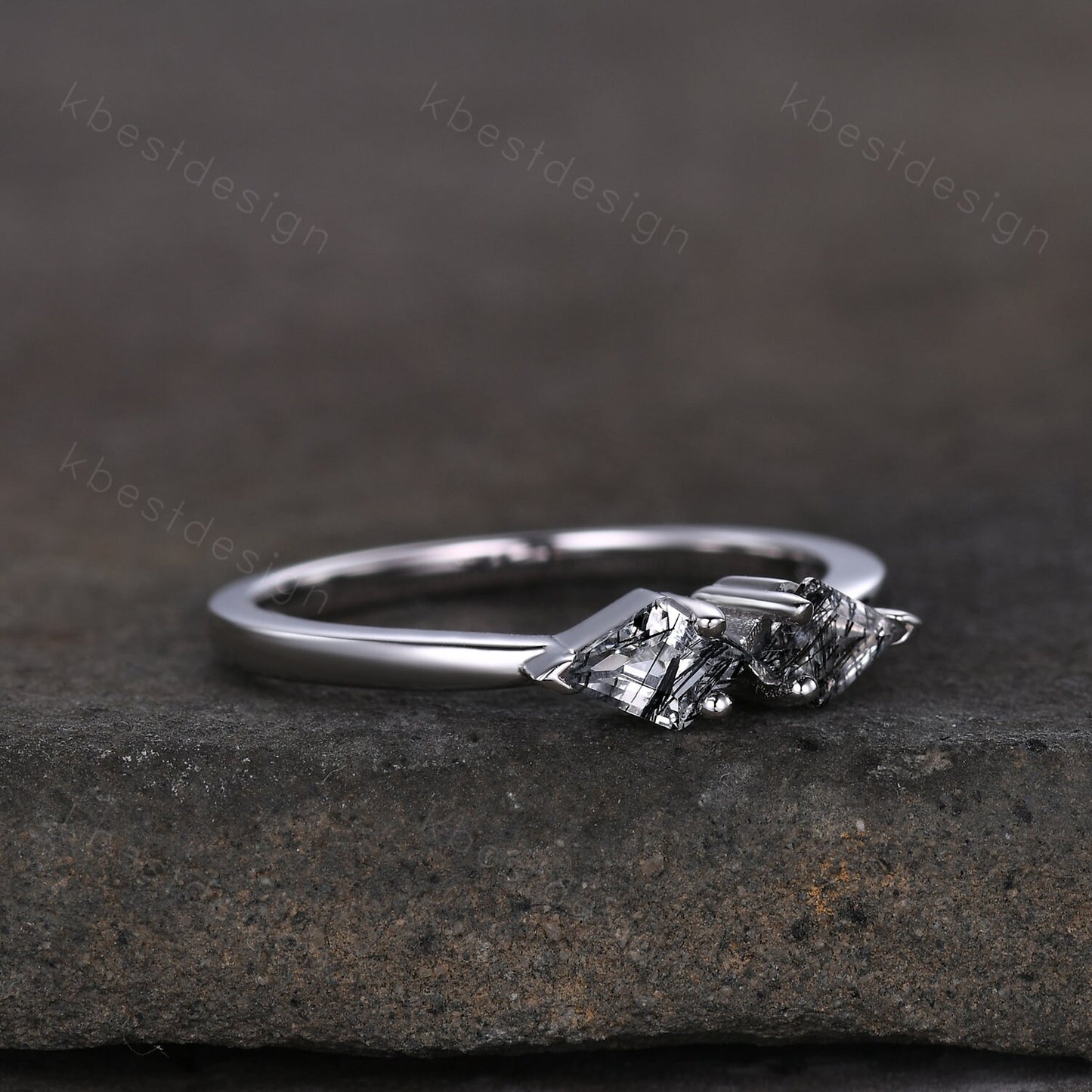 Kite cut natural black rutilated quartz ring unique black stone ring Two stone ring silver art deco stacking ring women anniversary band