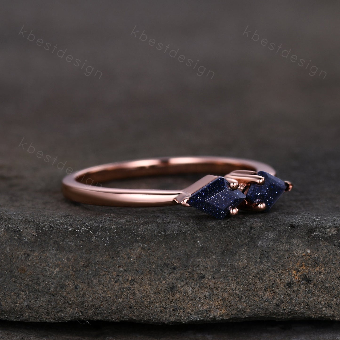 Kite cut blue sandstone wedding band solid 14k rose gold stacking unique vintage wedding ring band for women anniversary ring gift