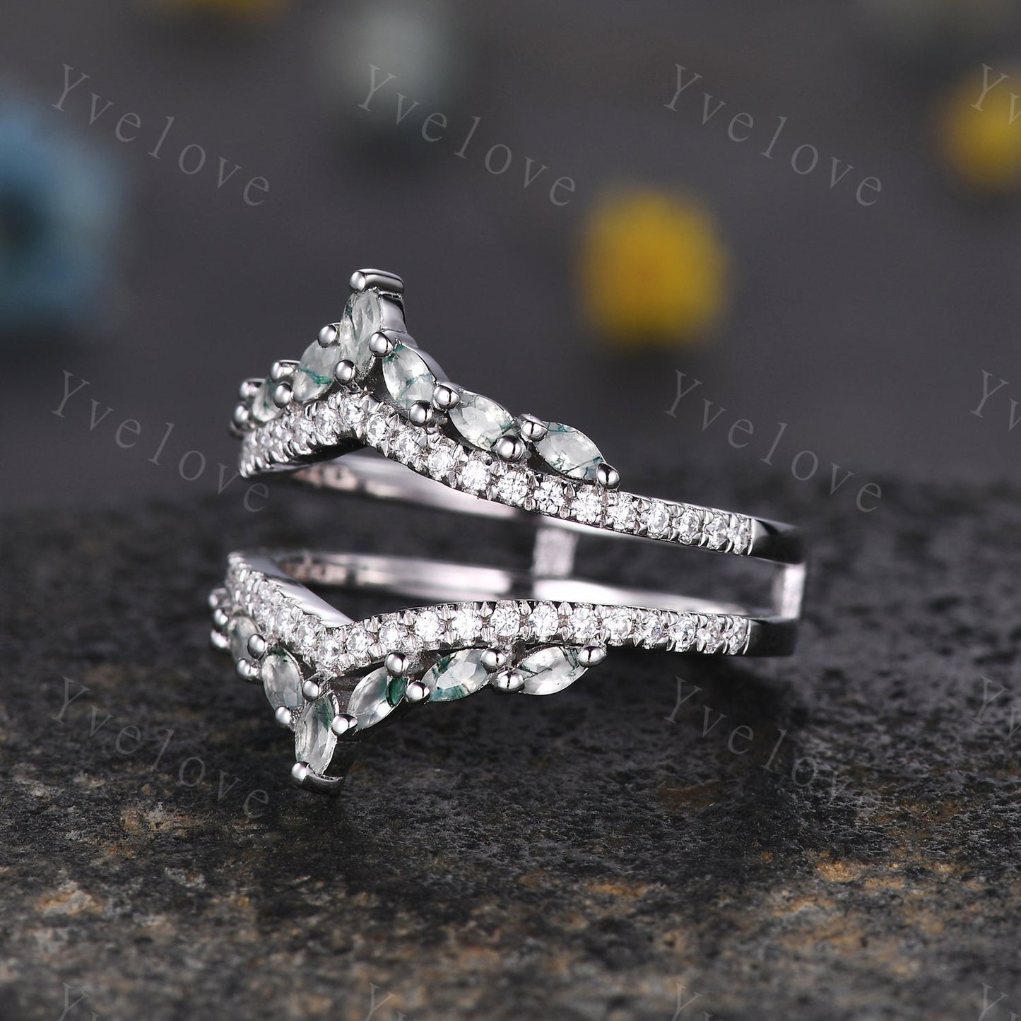 Unique Moss Agate ring,Moss Agate wedding band,Marquise Moss agate enhancer ring,Curved V stacking matching band,Moissanite ring,Silver Ring