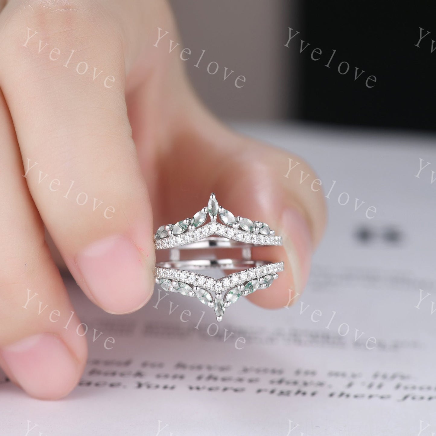 Unique Moss Agate ring,Moss Agate wedding band,Marquise Moss agate enhancer ring,Curved V stacking matching band,Moissanite ring,Silver Ring