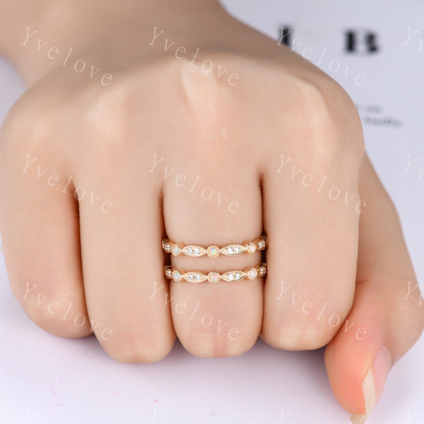 Opal Moissanite ring wrap ring guard enhancer ring art deco opal wedding band milgrain style ring 14k solid gold matching stacking band