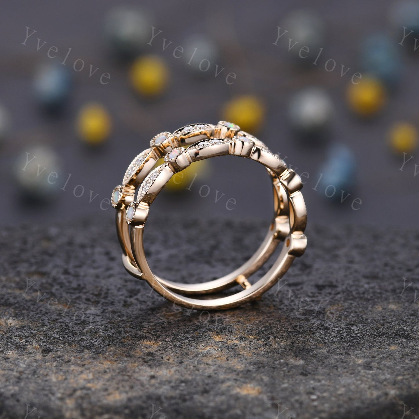 Opal Moissanite ring wrap ring guard enhancer ring art deco opal wedding band milgrain style ring 14k solid gold matching stacking band