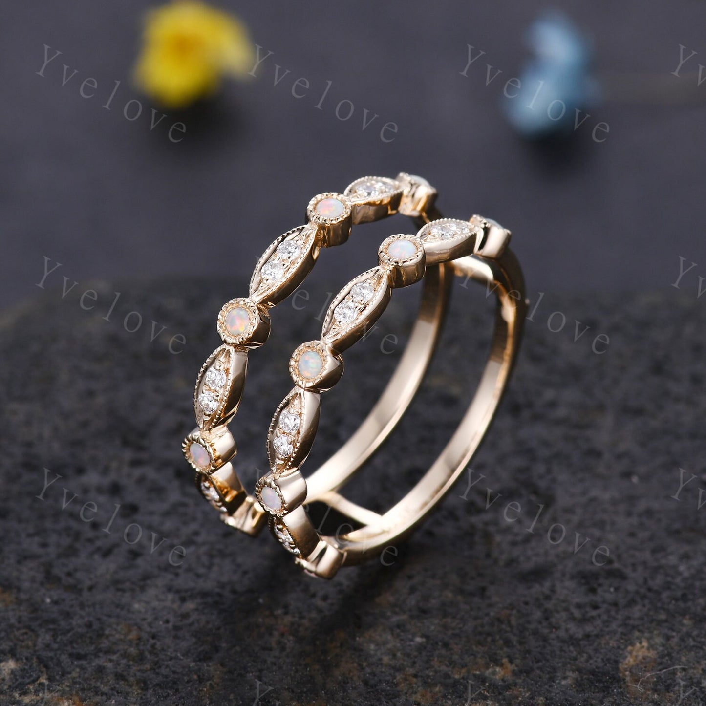 Opal Moissanite ring wrap ring guard enhancer ring art deco opal wedding band milgrain style ring 14k solid gold matching stacking band