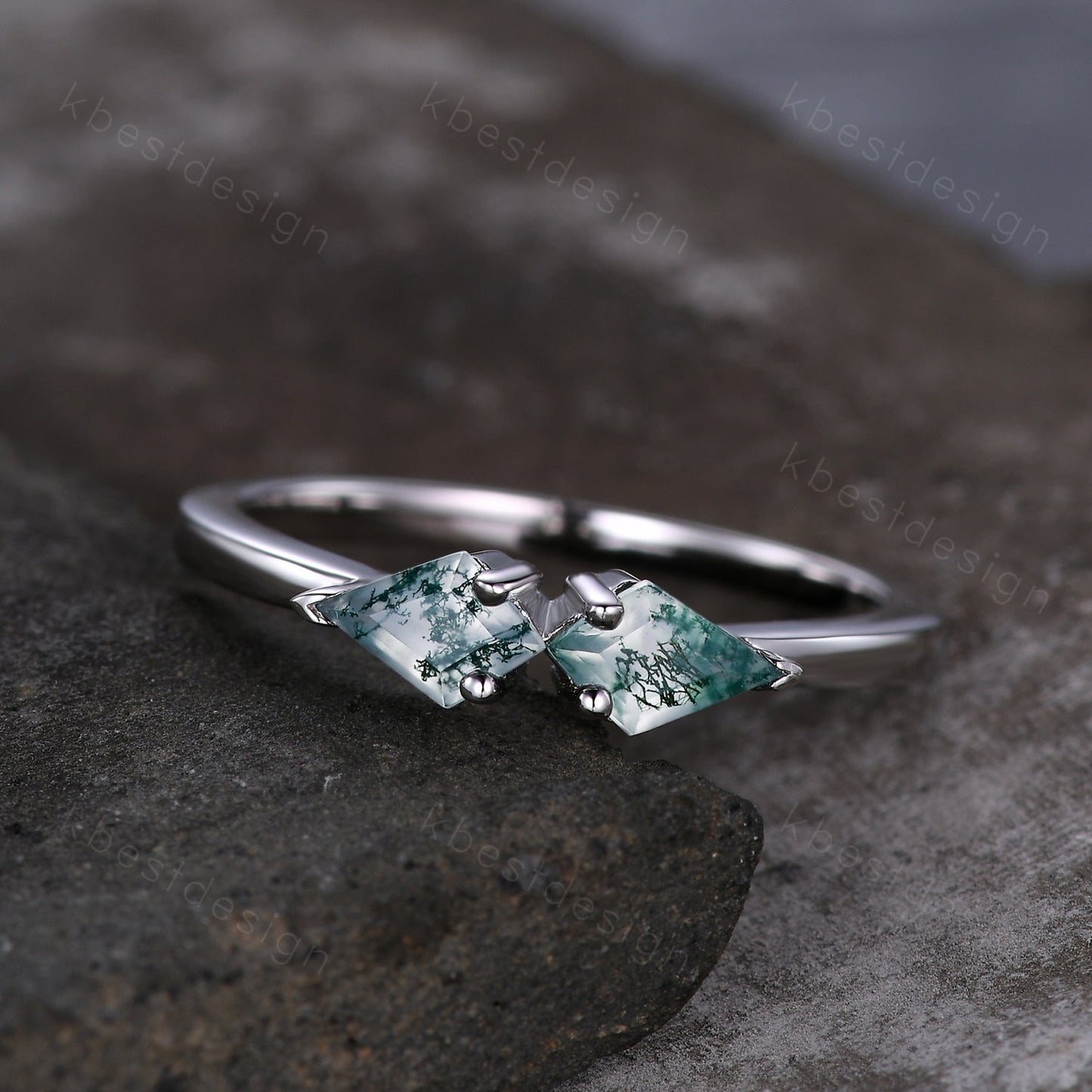 Unique kite cut green moss agate wedding ring art deco silver moss agate ring two stone stacking band bridal wedding ring Platinum ring
