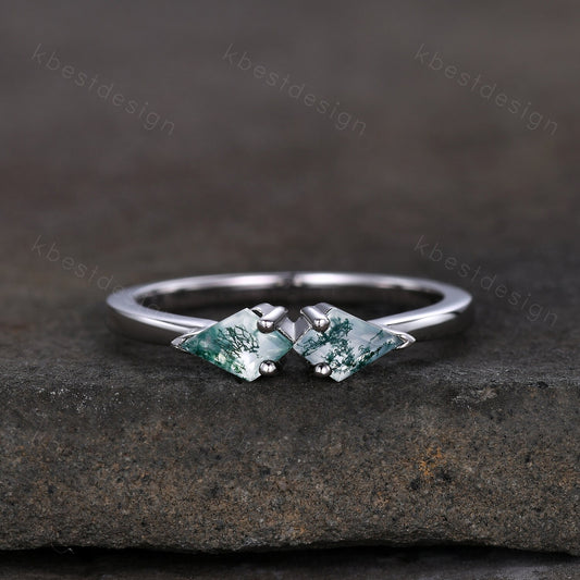 Unique kite cut green moss agate wedding ring art deco silver moss agate ring two stone stacking band bridal wedding ring Platinum ring