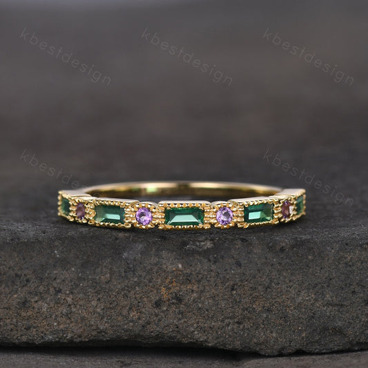 Art Deco Emerald wedding band solid 14k Yellow gold emerald amethyst wedding band vintage baguette Stacking ring women Anniversary band