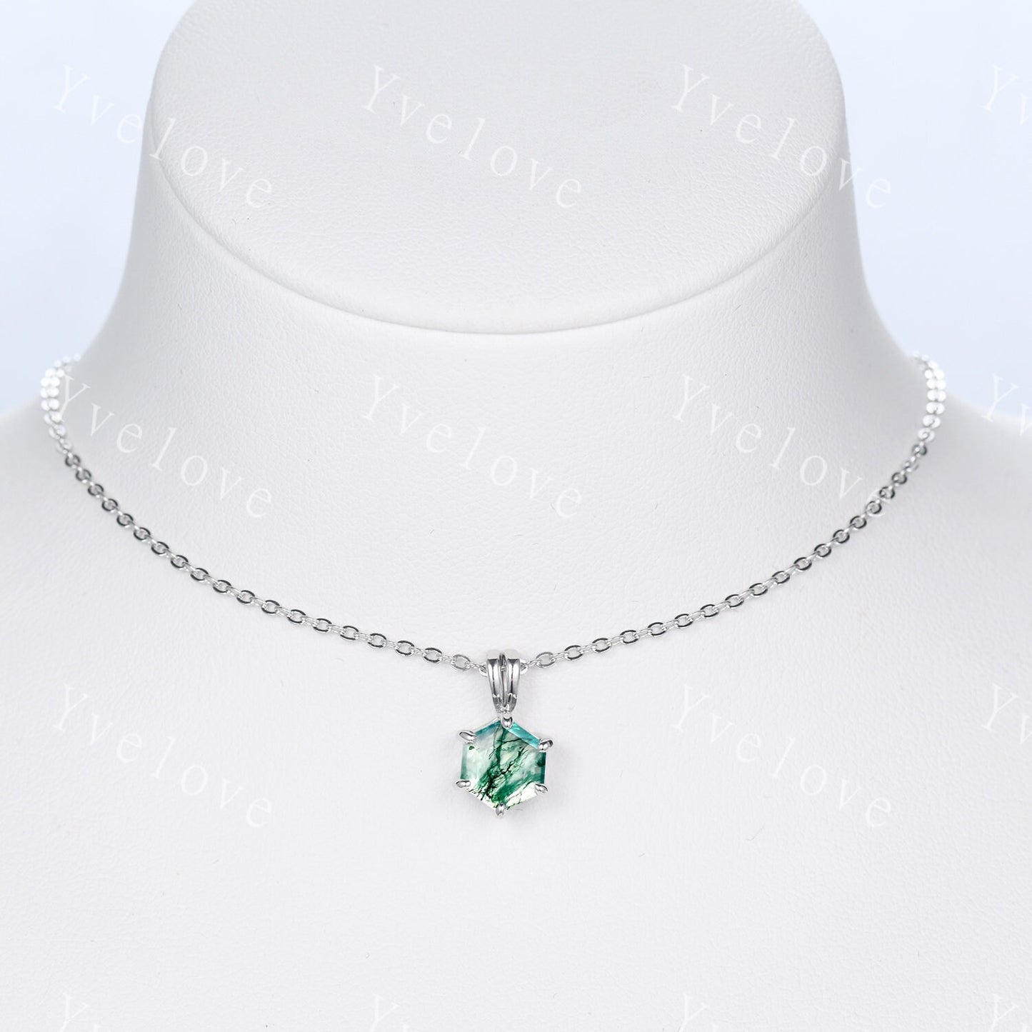 Unique hexagon shaped Moss agate Pendant,Green Agate Necklace,Silver Art Deco Necklace,Vintage Women Bridal Gift Mother's day Gift for Her
