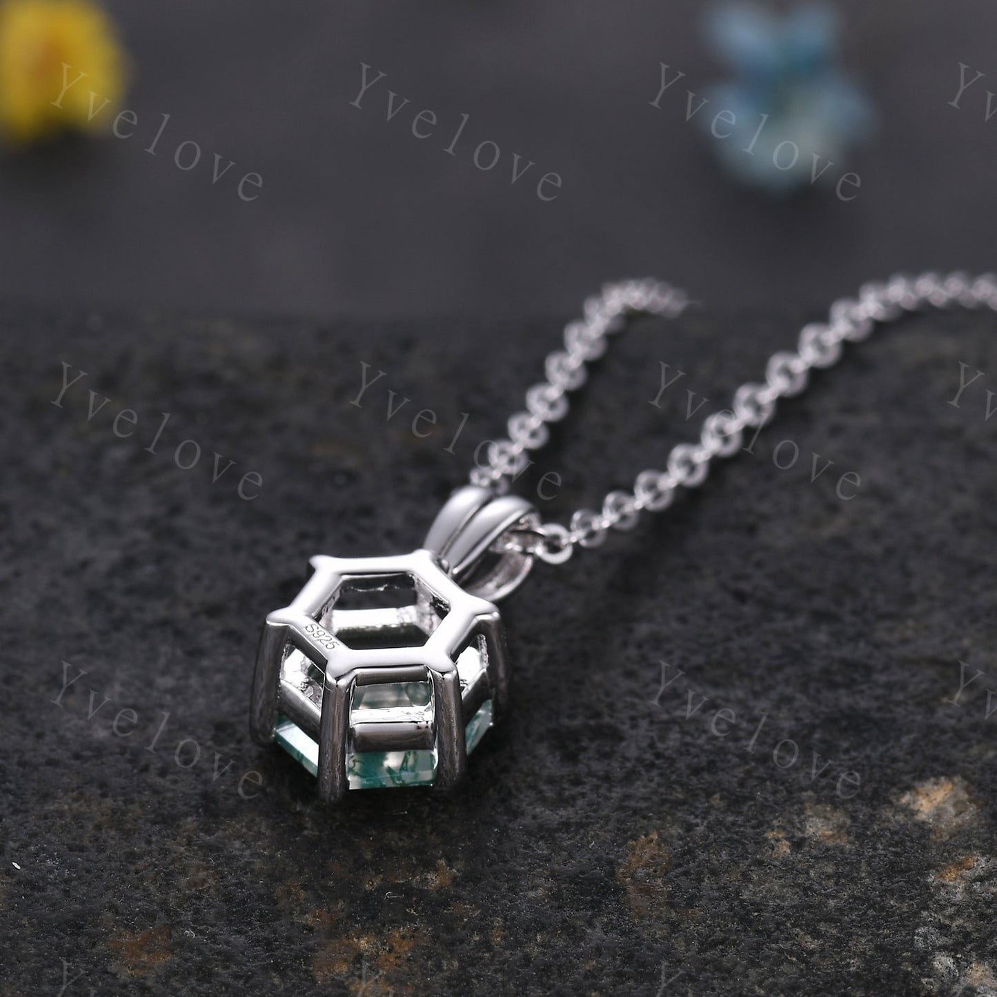 Unique hexagon shaped Moss agate Pendant,Green Agate Necklace,Silver Art Deco Necklace,Vintage Women Bridal Gift Mother's day Gift for Her