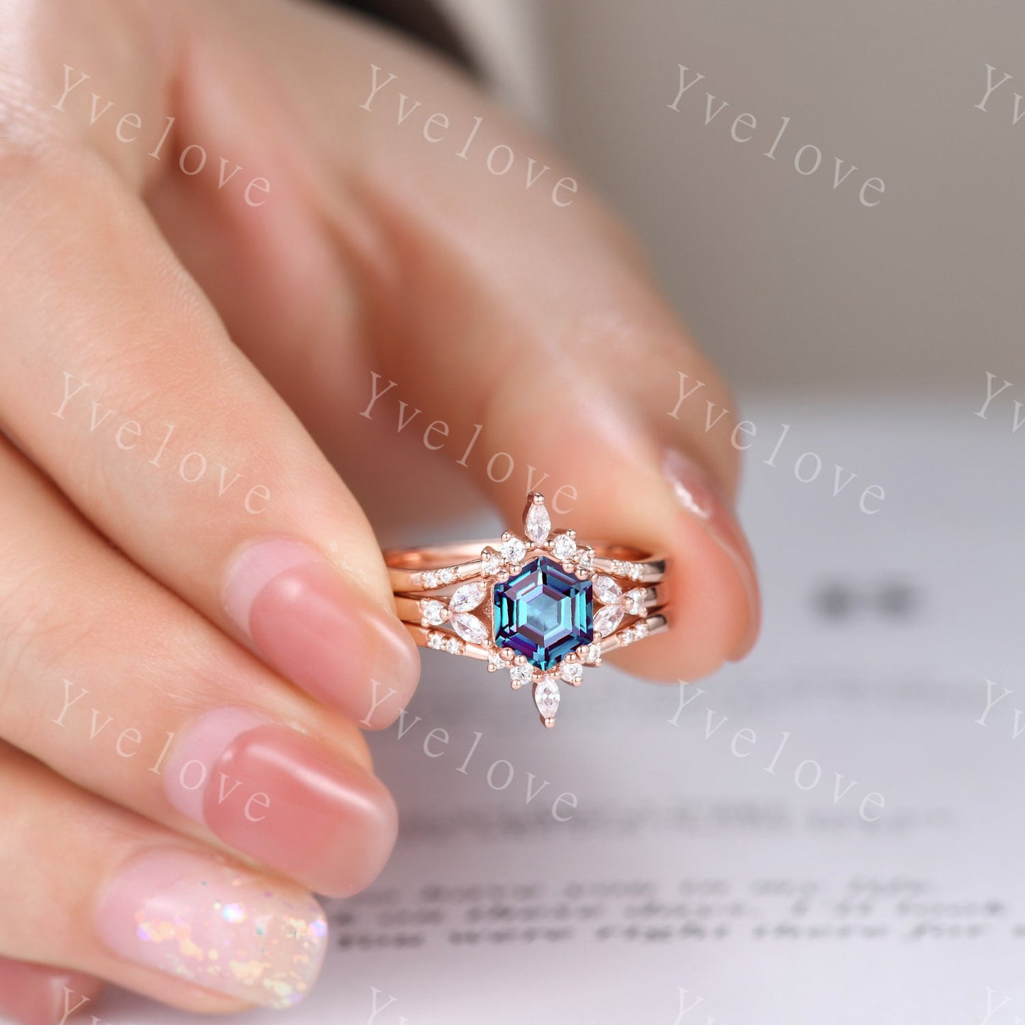Hexagon Alexandrite Ring Set,Alexandrite Engagement Ring,Enhancer Wedding Ring,Double Curved band,Women Bridal Stacking Moissanite Band Gift