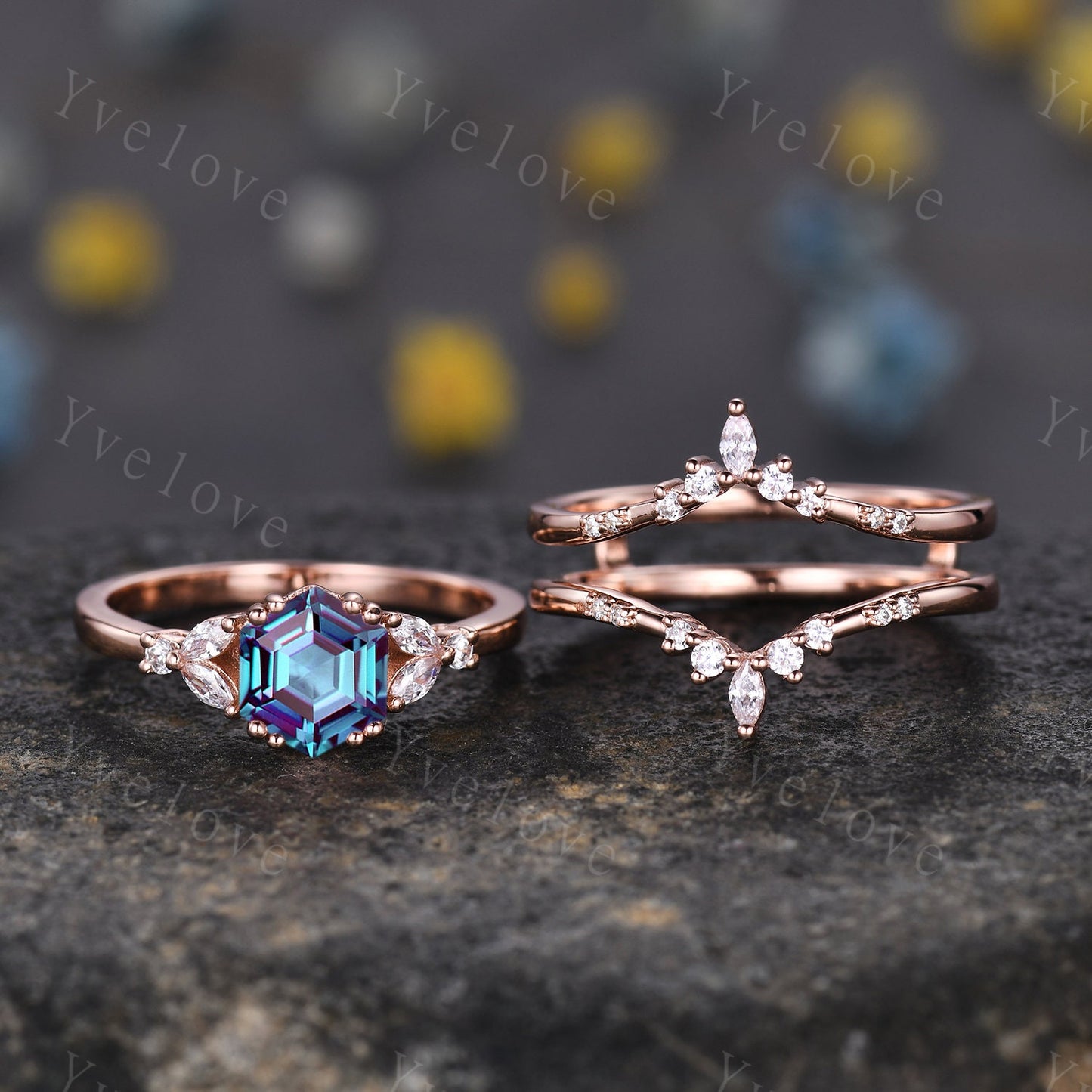 Hexagon Alexandrite Ring,Alexandrite Engagement Ring,Enhancer Wedding Ring,Double Curved band,Women Bridal Stacking Moissanite Band,Silver