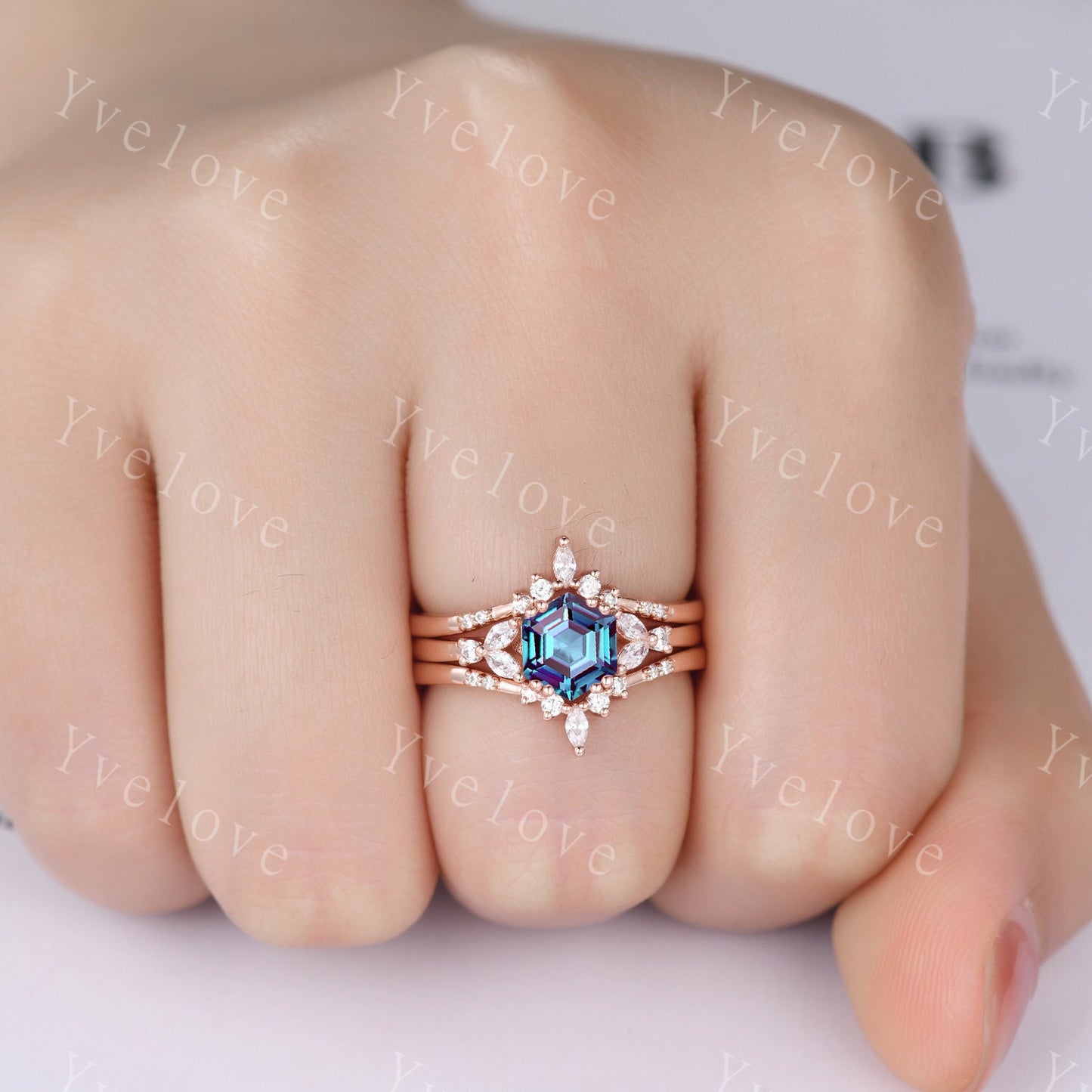 Hexagon Alexandrite Ring Set,Alexandrite Engagement Ring,Enhancer Wedding Ring,Double Curved band,Women Bridal Stacking Moissanite Band Gift