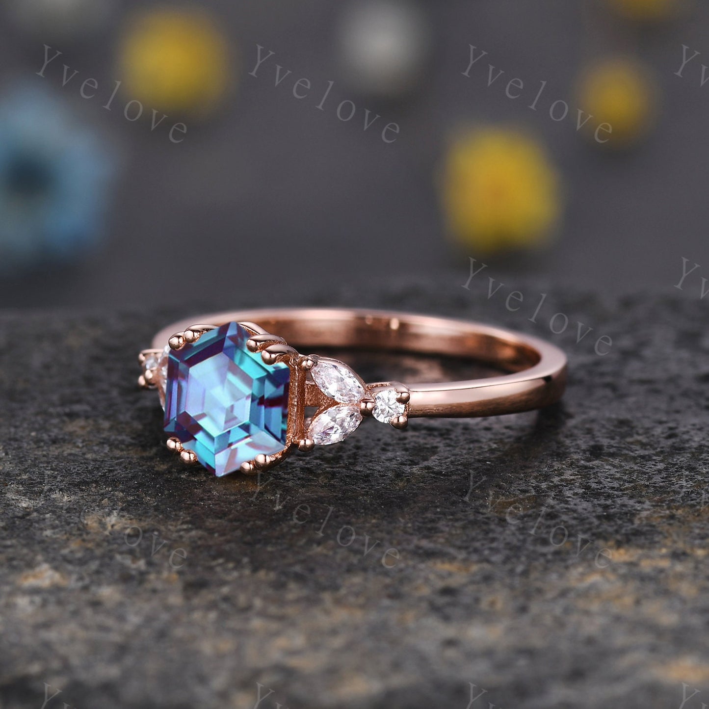 Hexagon Alexandrite Ring,Alexandrite Engagement Ring,Enhancer Wedding Ring,Double Curved band,Women Bridal Stacking Moissanite Band,Silver