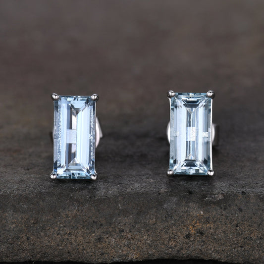 Baguette Aquamarine Stud 14k Gold Baguette Aquamarine Solitaire Earrings Basket Set Stud Earrings 8X5mm Rectangle Aquamarine Earrings