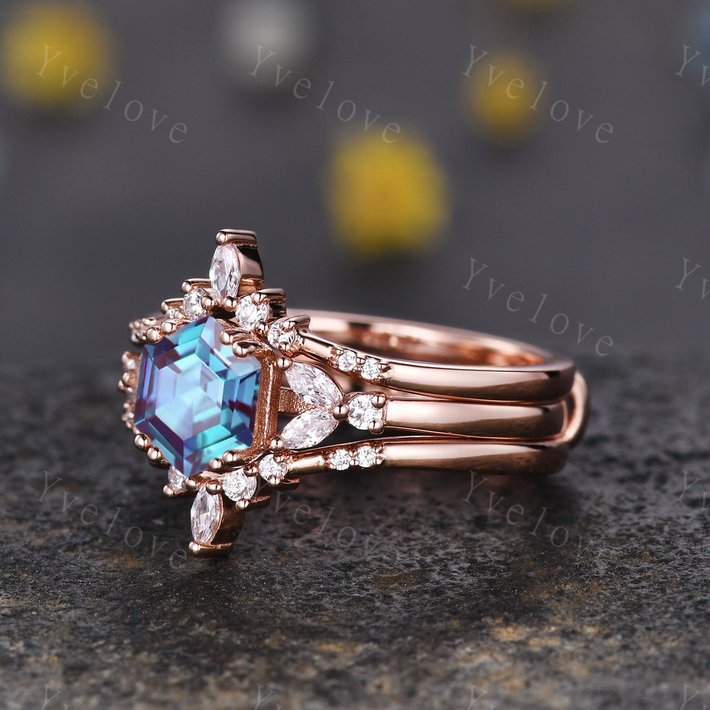 Hexagon Alexandrite Ring Set,Alexandrite Engagement Ring,Enhancer Wedding Ring,Double Curved band,Women Bridal Stacking Moissanite Band Gift