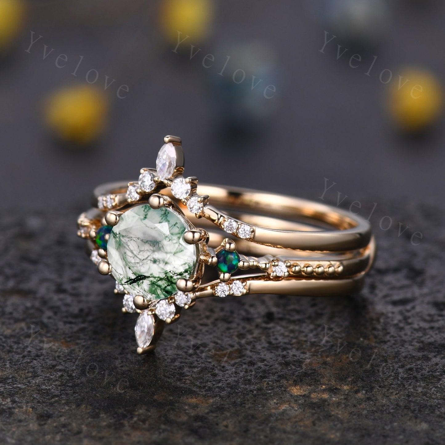 Unique Moss Agate Ring Set,Green Agate Engagement Ring,Black Opal Ring,Moissanite Bridal Matching Stacking Wedding Band,Enhance Gold Ring