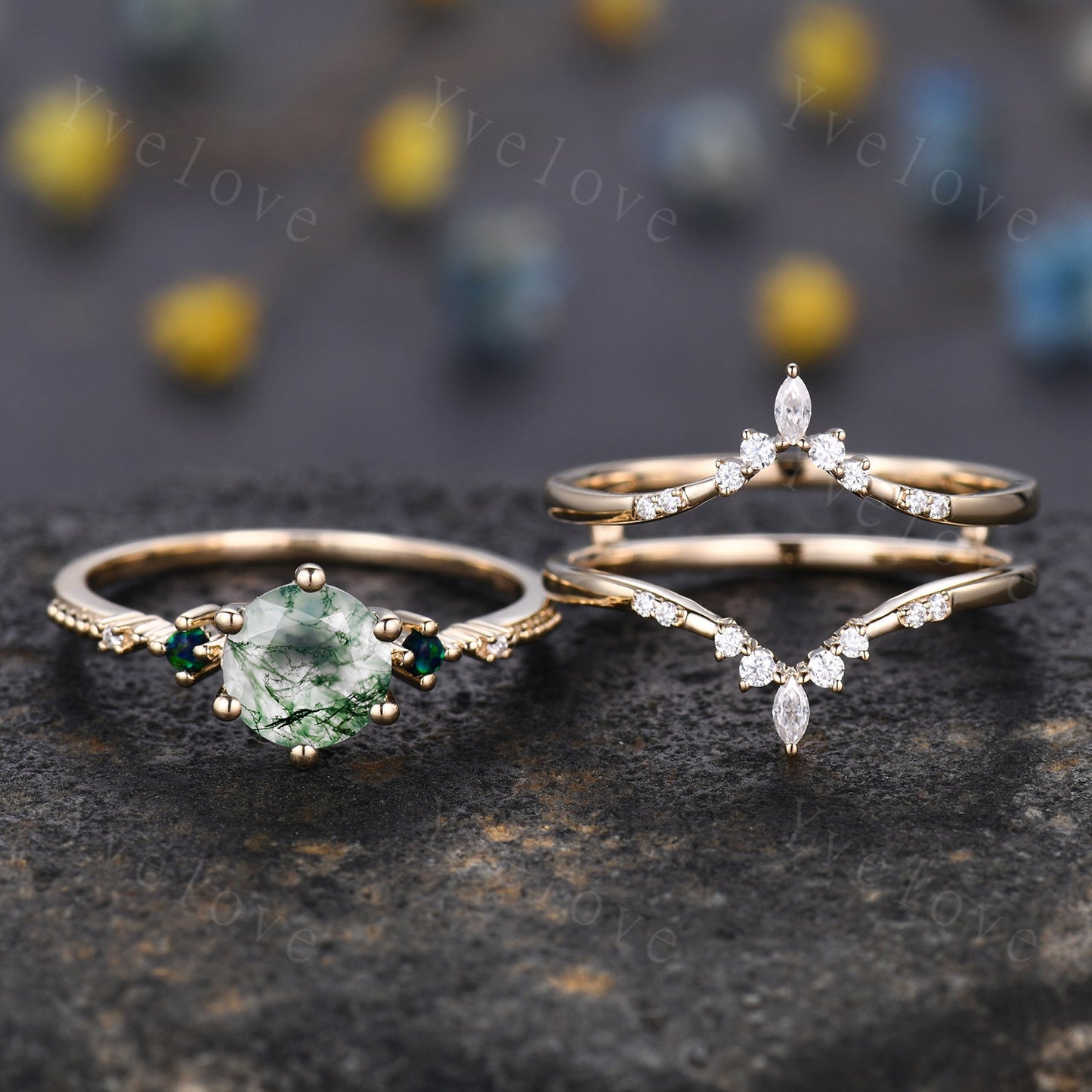 Unique Moss Agate Ring Set,Green Agate Engagement Ring,Black Opal Ring,Moissanite Bridal Matching Stacking Wedding Band,Enhance Gold Ring
