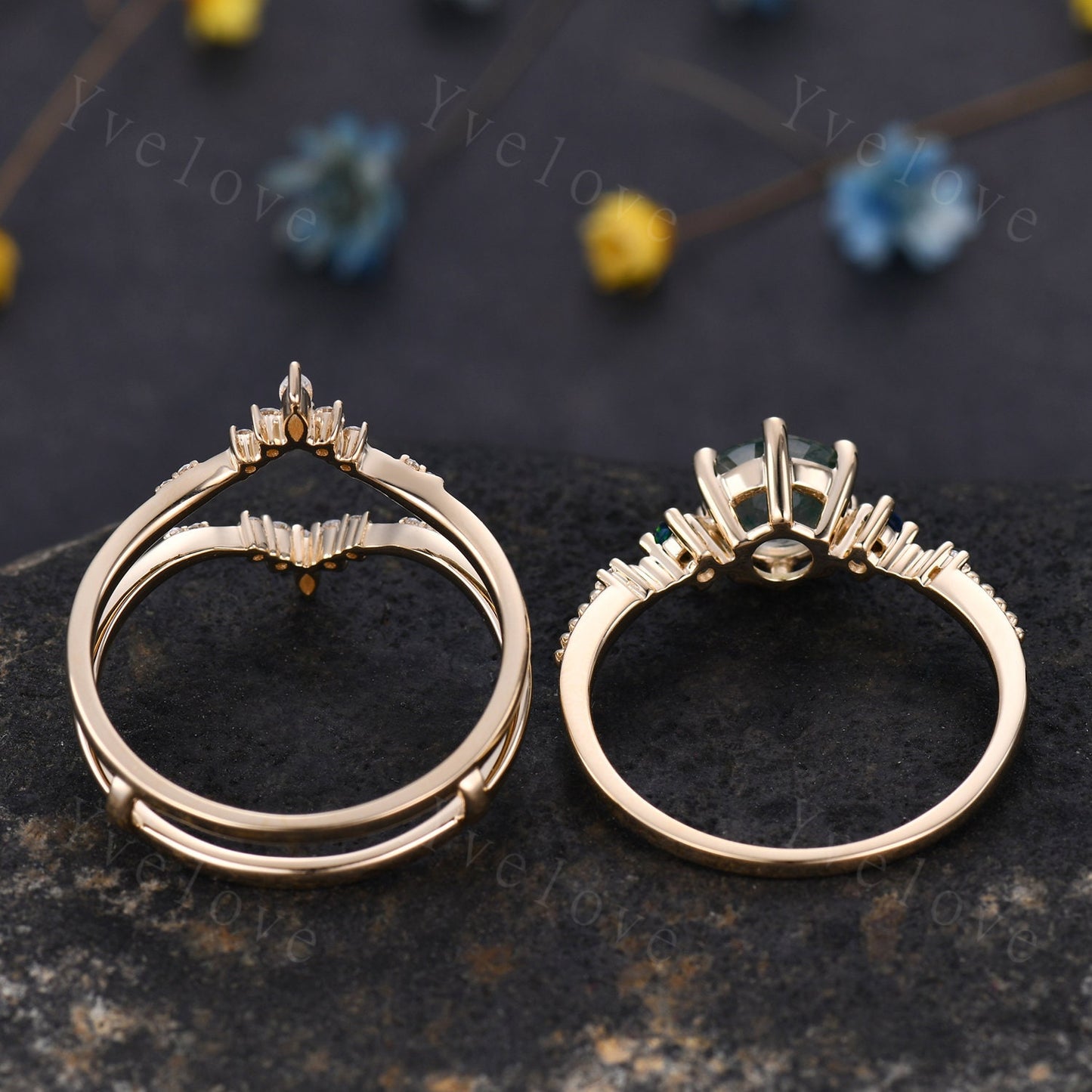 Unique Moss Agate Ring Set,Green Agate Engagement Ring,Black Opal Ring,Moissanite Bridal Matching Stacking Wedding Band,Enhance Gold Ring