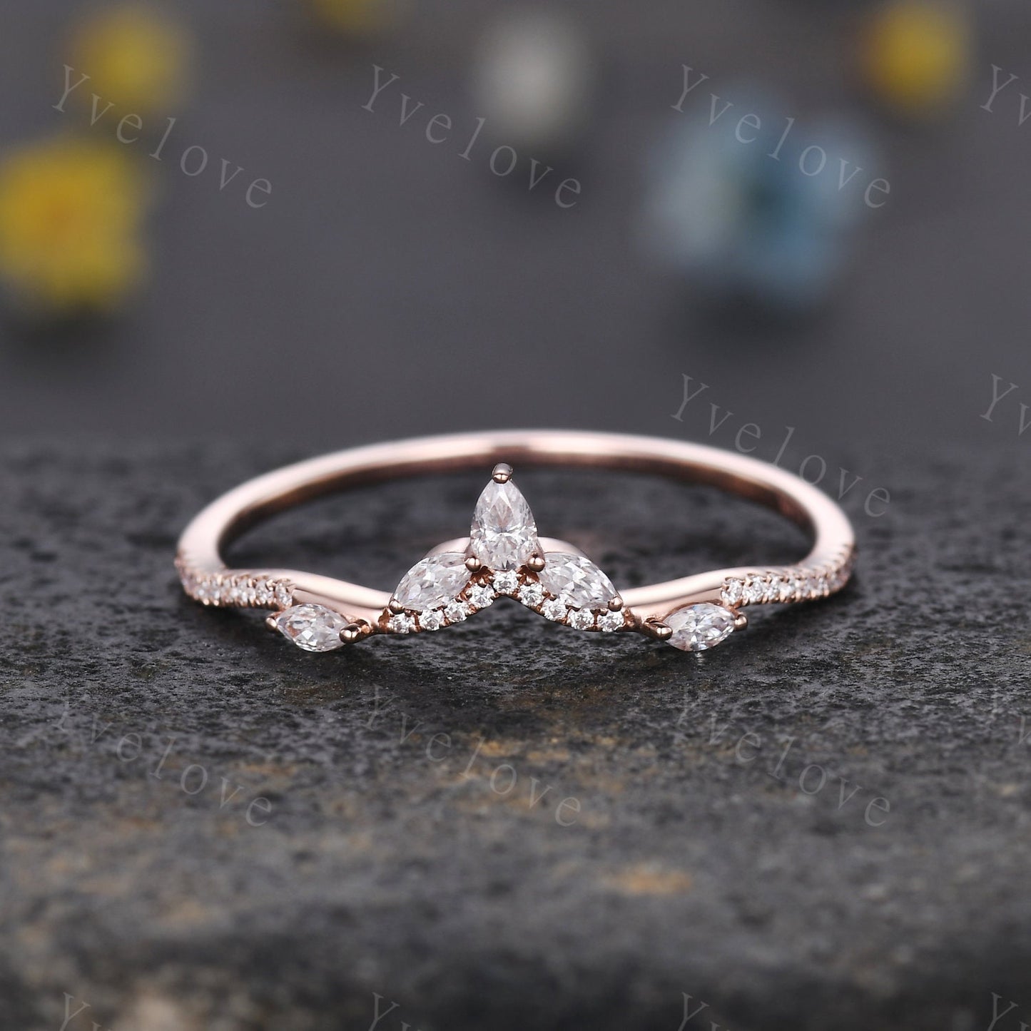 Moissanite wedding band marquise moissanite diamond v curved wedding ring stackable matching band gift for women 14k solid gold bridal band