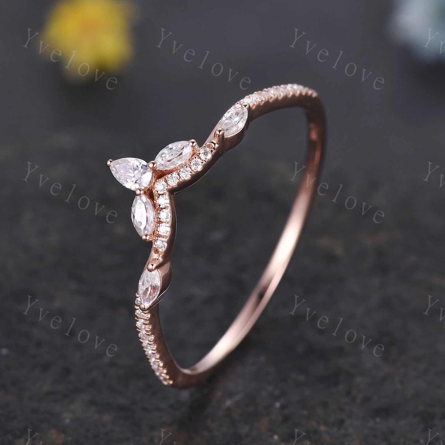 Moissanite wedding band marquise moissanite diamond v curved wedding ring stackable matching band gift for women 14k solid gold bridal band