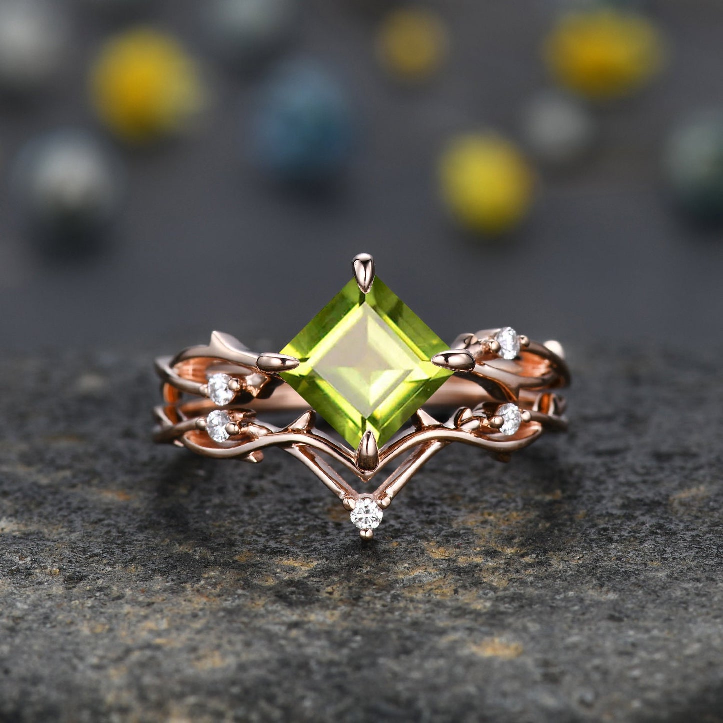 Vintage Princess Cut Peridot Engagement Ring Set,Twisted Ring,Leaf Vines Moissanite Bridal Set,Branch Ring,Dainty Twig Diamond Ring Gift