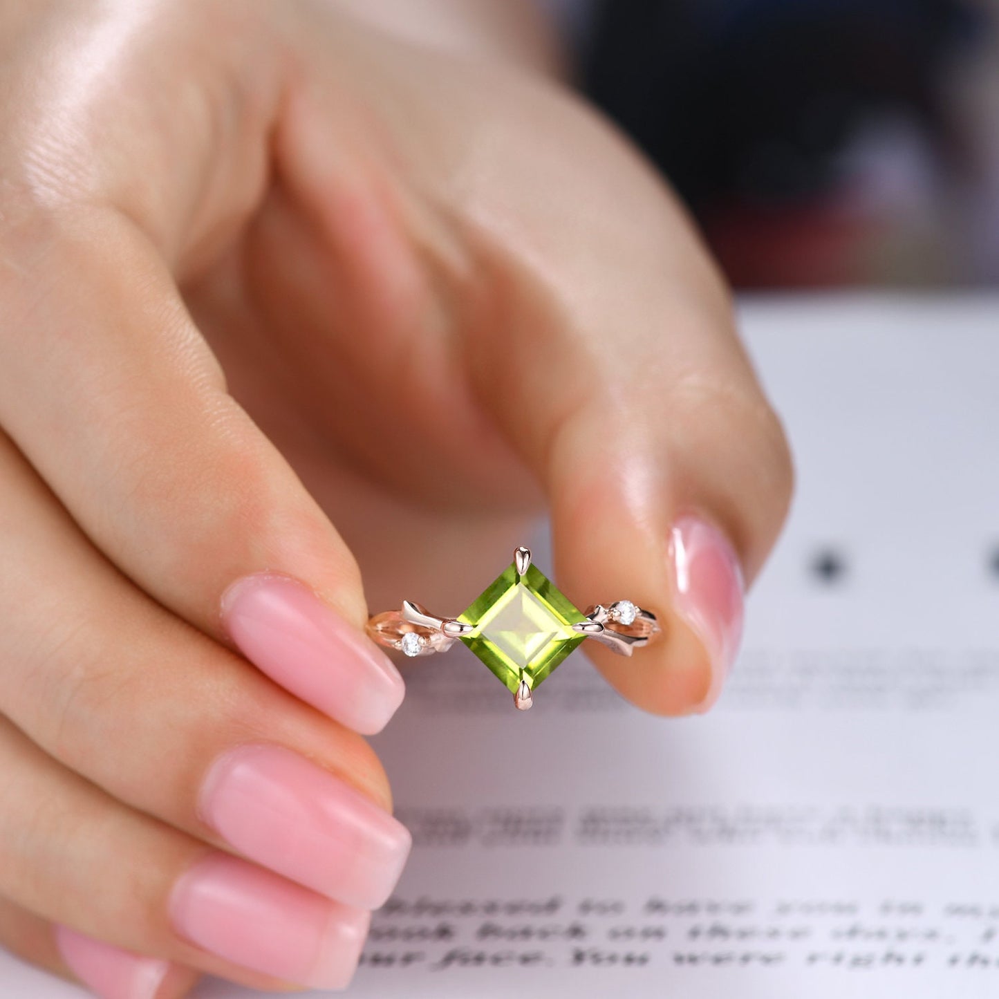 Vintage Princess Cut Peridot Engagement Ring Set,Twisted Ring,Leaf Vines Moissanite Bridal Set,Branch Ring,Dainty Twig Diamond Ring Gift