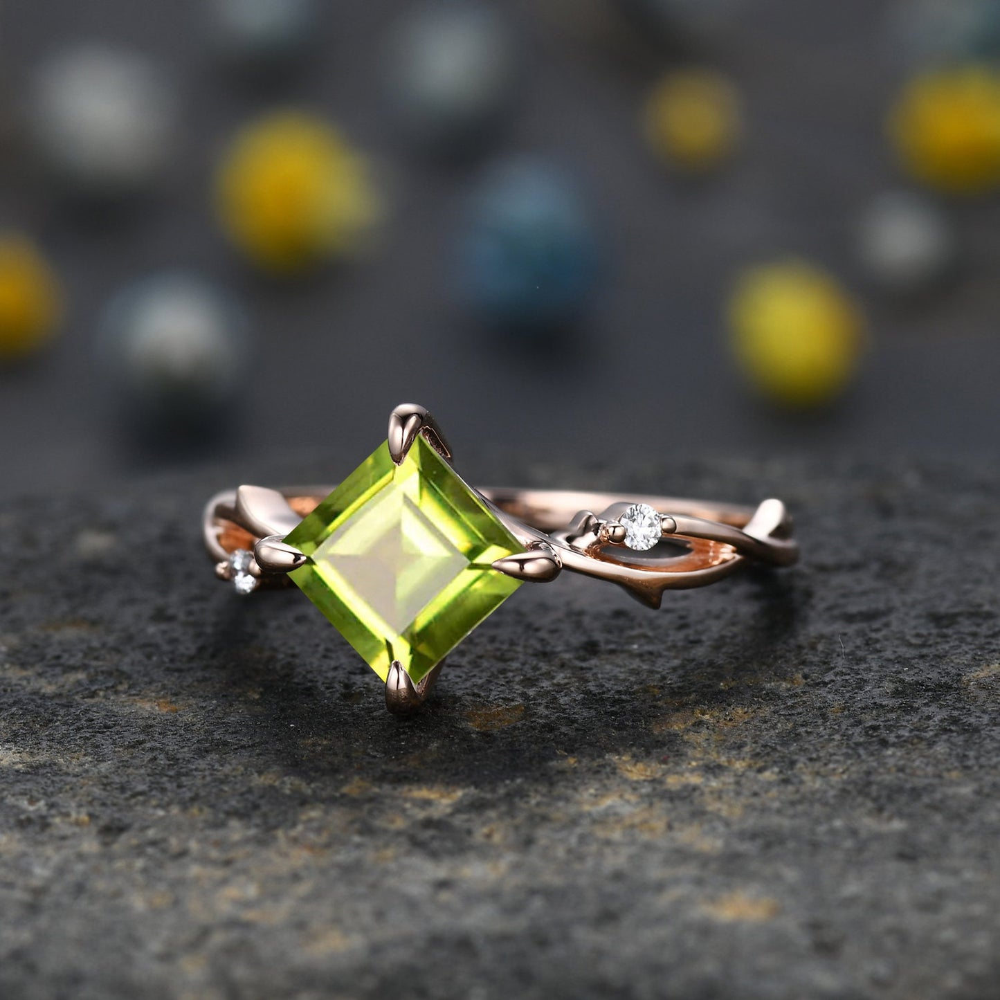 Vintage Princess Cut Peridot Engagement Ring Set,Twisted Ring,Leaf Vines Moissanite Bridal Set,Branch Ring,Dainty Twig Diamond Ring Gift