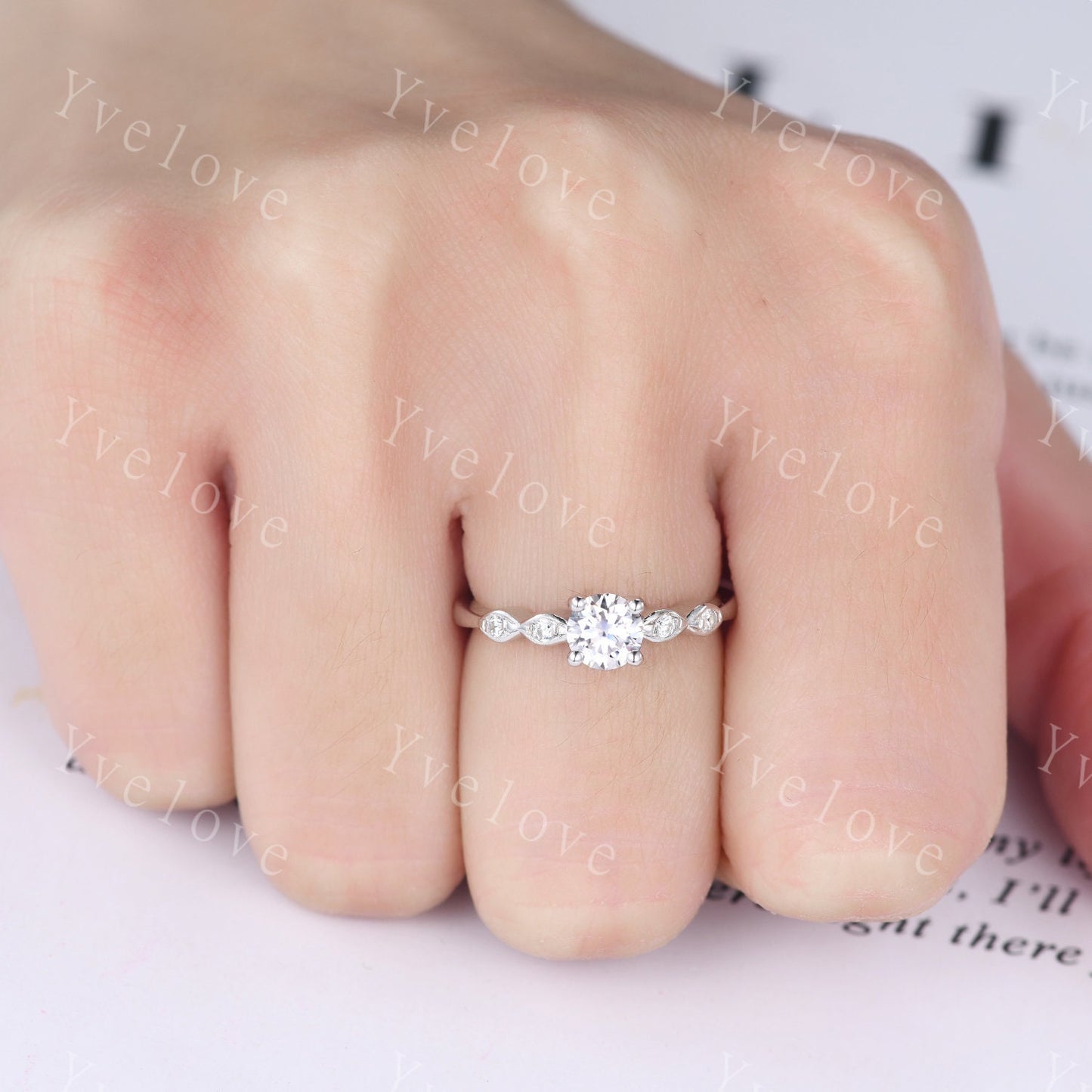 Danity moissanite engagement ring 5mm round cut moissanite 14k white gold art deco diamond wedding band bridal promise ring gift for her