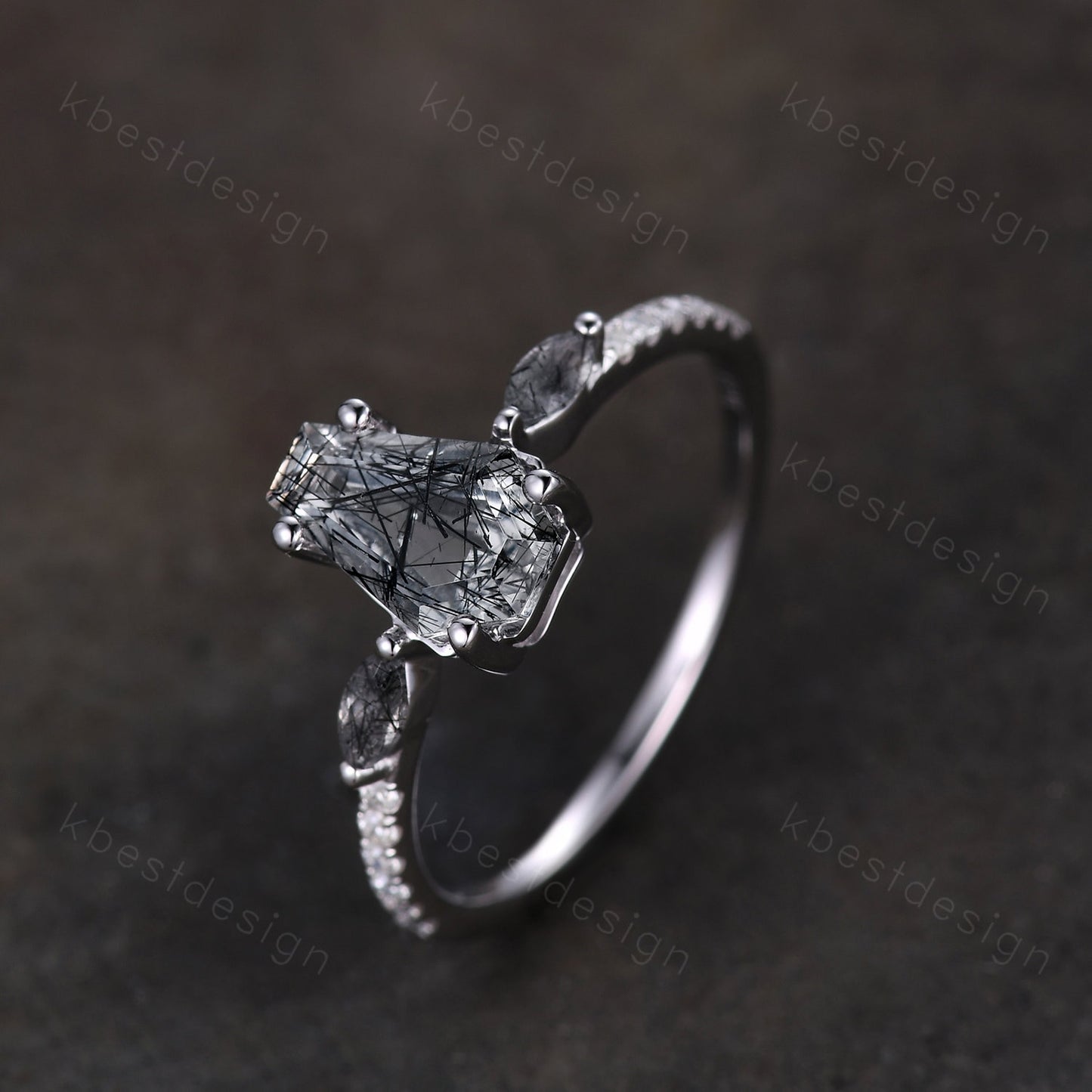 Vintage coffin cut black rutilated quartz engagement ring Marquise cut ring sterling silver unique ring Moissanite accents Anniversary ring