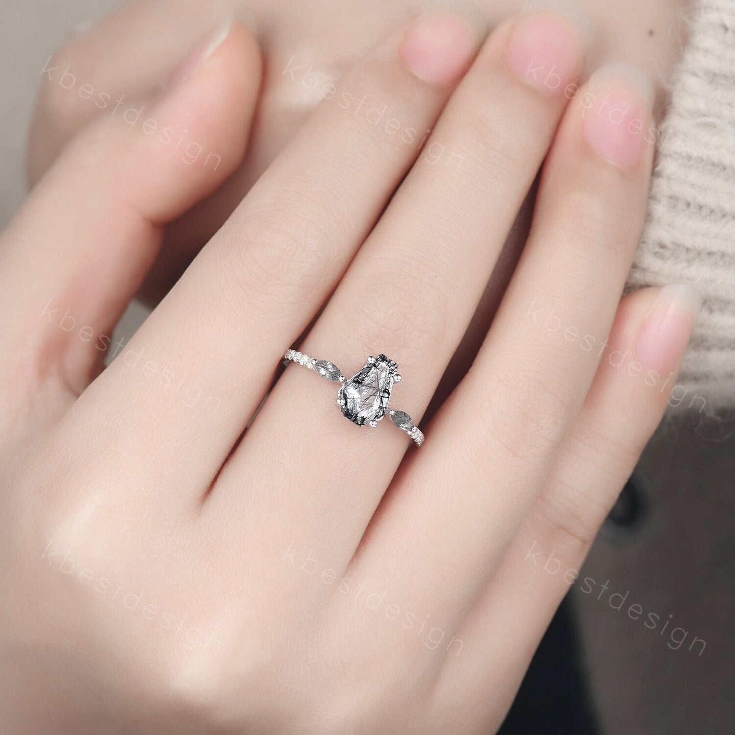Vintage coffin cut black rutilated quartz ring Gothic black gold engagement ring unique ring Moissanite accents Anniversary promise ring