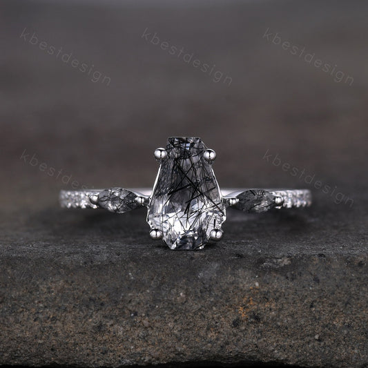 Vintage coffin cut black rutilated quartz engagement ring Marquise cut ring sterling silver unique ring Moissanite accents Anniversary ring