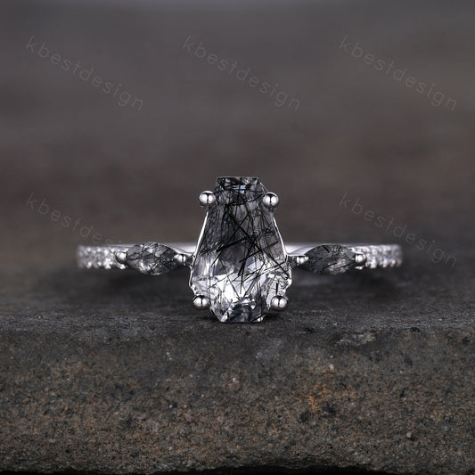 Vintage coffin cut black rutilated quartz engagement ring Marquise cut ring sterling silver unique ring Moissanite accents Anniversary ring
