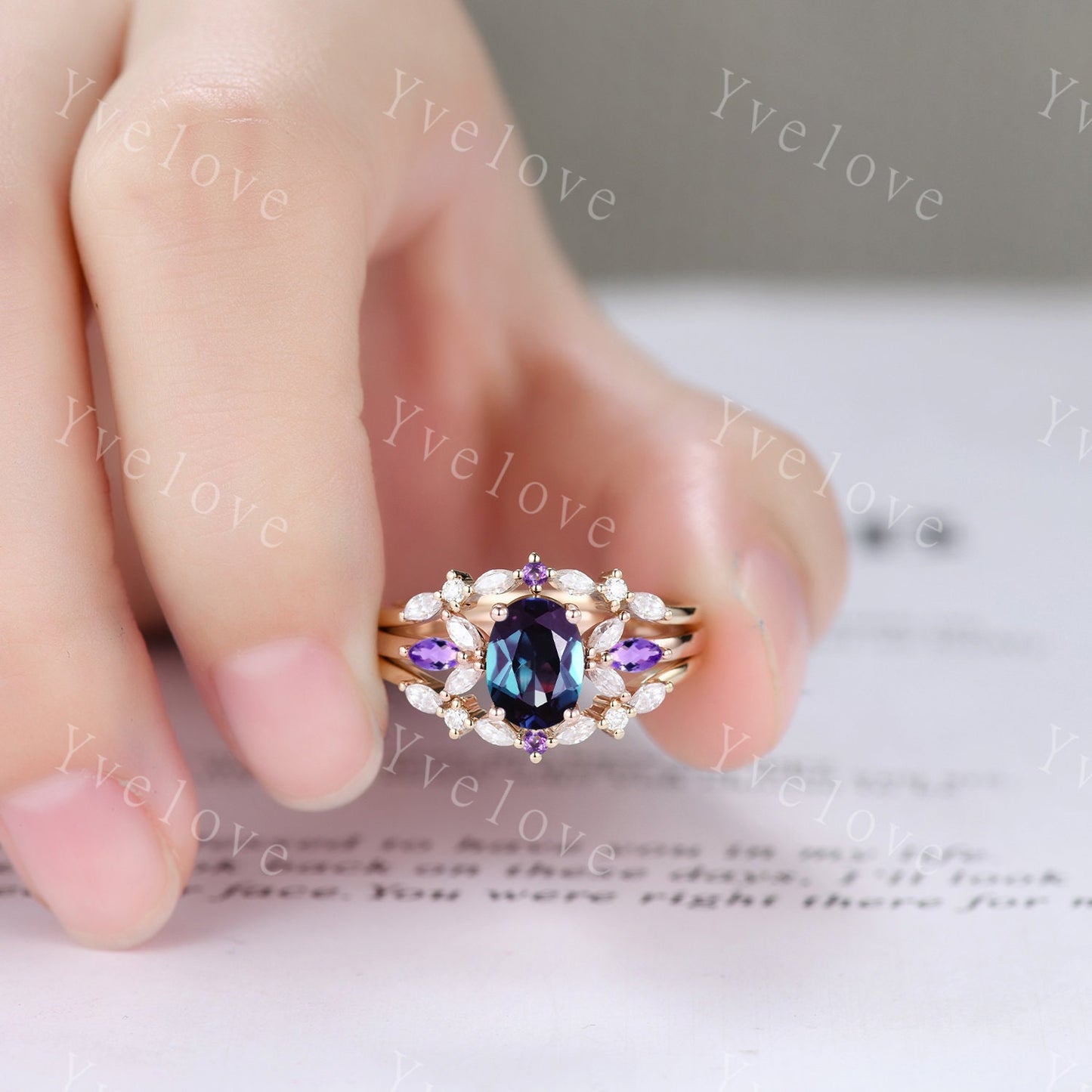 Vintage Alexandrite Engagement Ring Enhancer Ring Rose Gold Women Moissanite Amethyst Gem Promise Bridal Stacking Matching Ring Set Gift