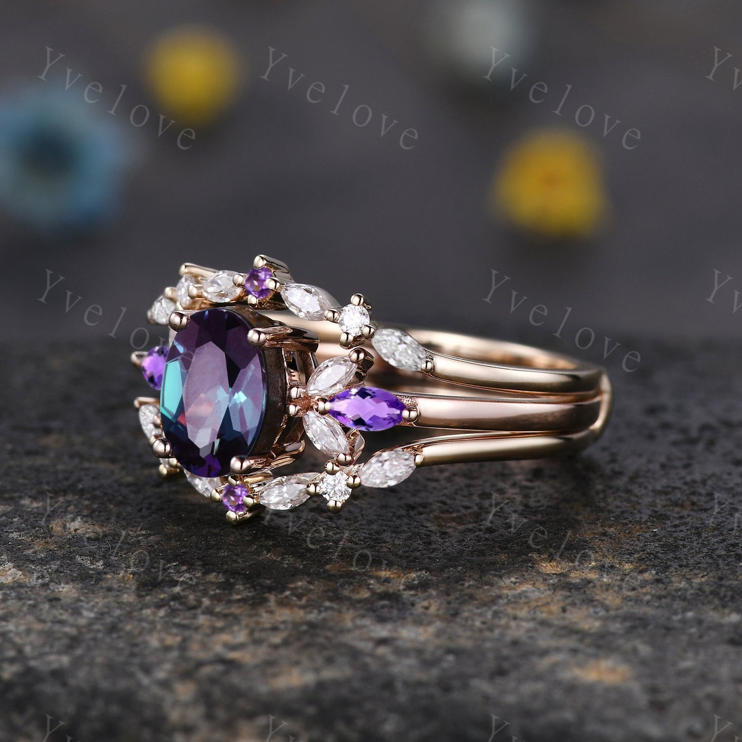 Vintage Alexandrite Engagement Ring Enhancer Ring Rose Gold Women Moissanite Amethyst Gem Promise Bridal Stacking Matching Ring Set Gift
