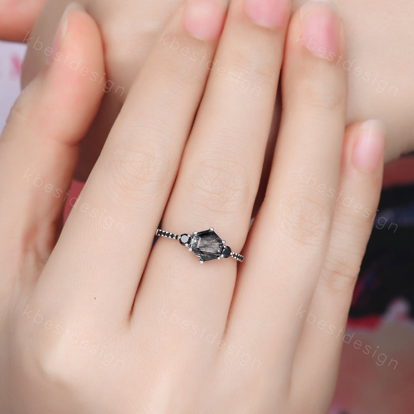 Hexagon cut black rutilated quartz engagement ring unique black spinel ring women black gemstone ring sterling silver three stone ring