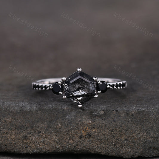 Hexagon cut black rutilated quartz engagement ring unique black spinel ring women black gemstone ring sterling silver three stone ring